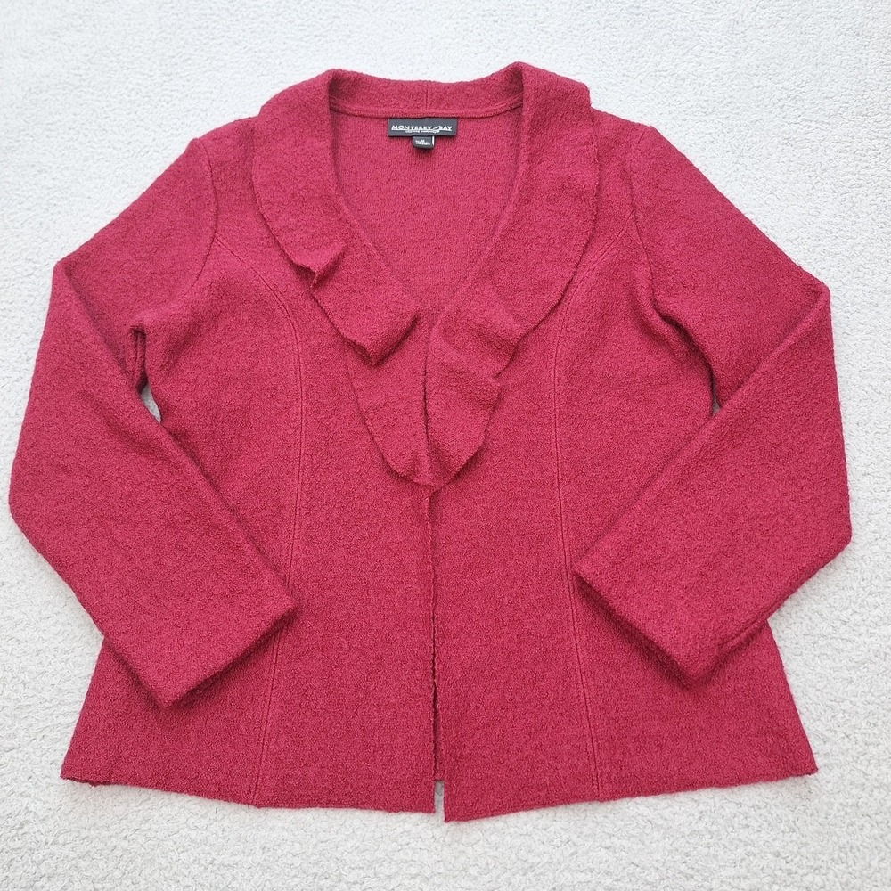 Monterey Bay Cardigan Womens Medium Magenta 100% Boiled Wool Ruffle Shawl Collar